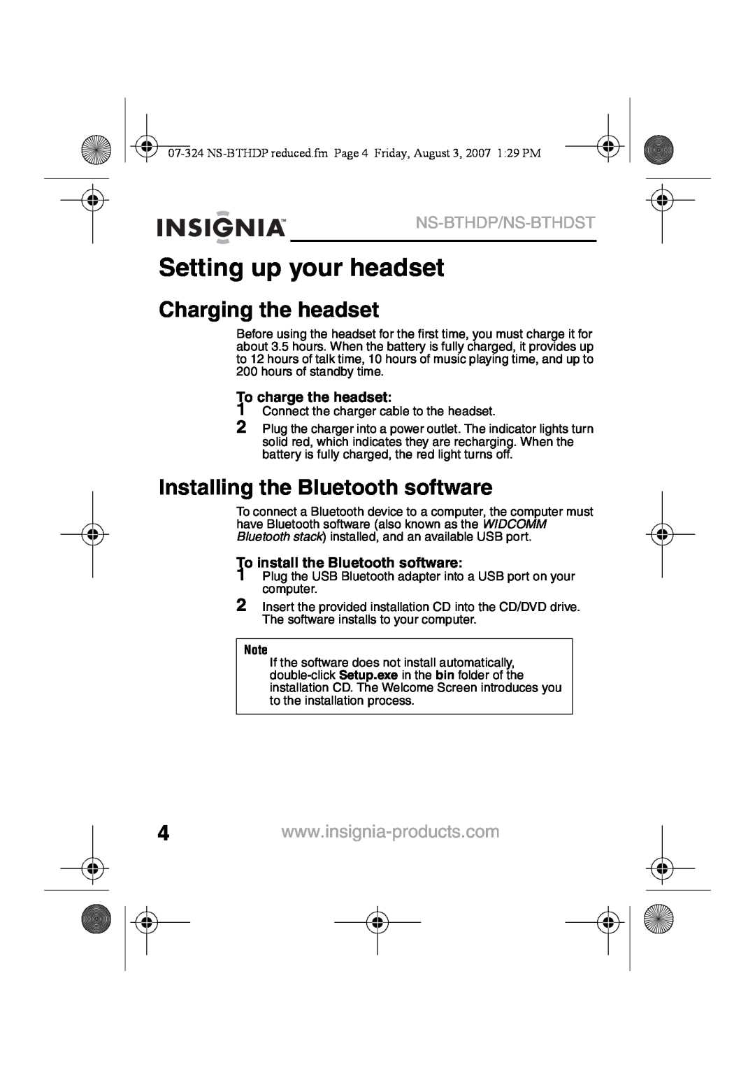 Insignia NS-BTHDST Setting up your headset, Charging the headset, Installing the Bluetooth software, Ns-Bthdp/Ns-Bthdst 
