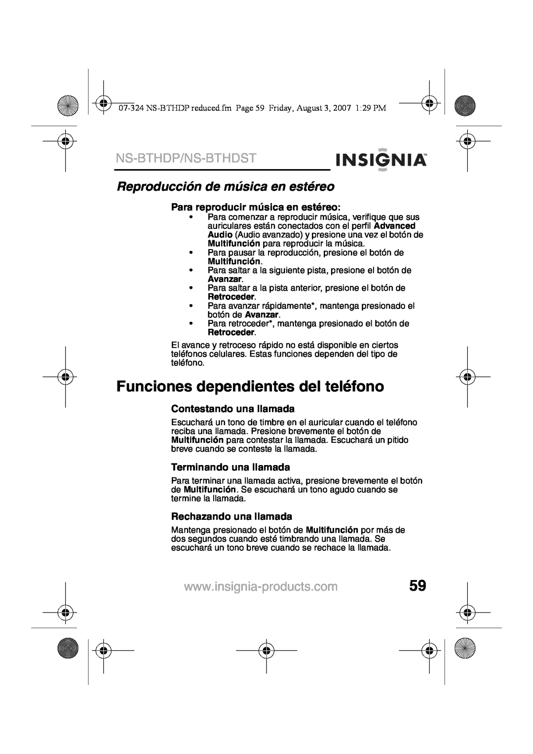 Insignia NS-BTHDST manual Funciones dependientes del teléfono, Reproducción de música en estéreo, Ns-Bthdp/Ns-Bthdst 