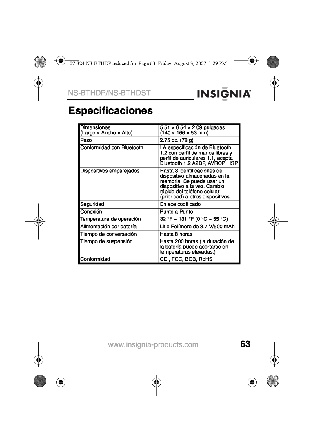 Insignia NS-BTHDST manual Especificaciones, Ns-Bthdp/Ns-Bthdst 