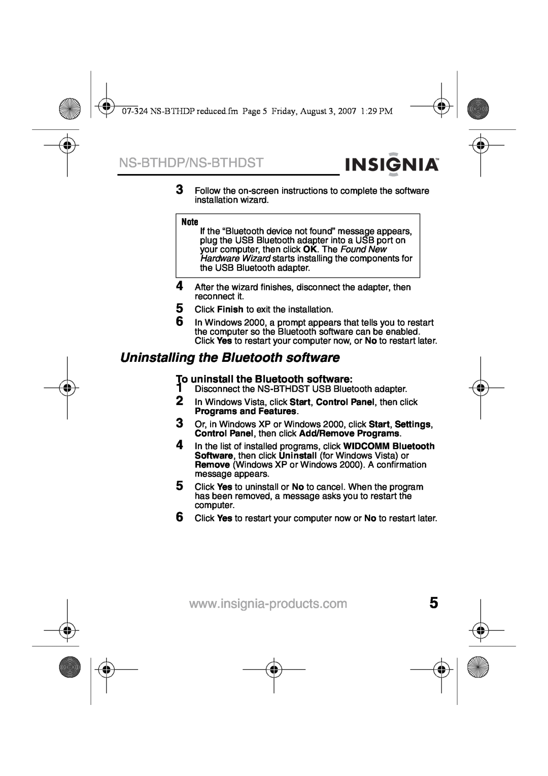 Insignia NS-BTHDST manual Uninstalling the Bluetooth software, Ns-Bthdp/Ns-Bthdst, To uninstall the Bluetooth software 