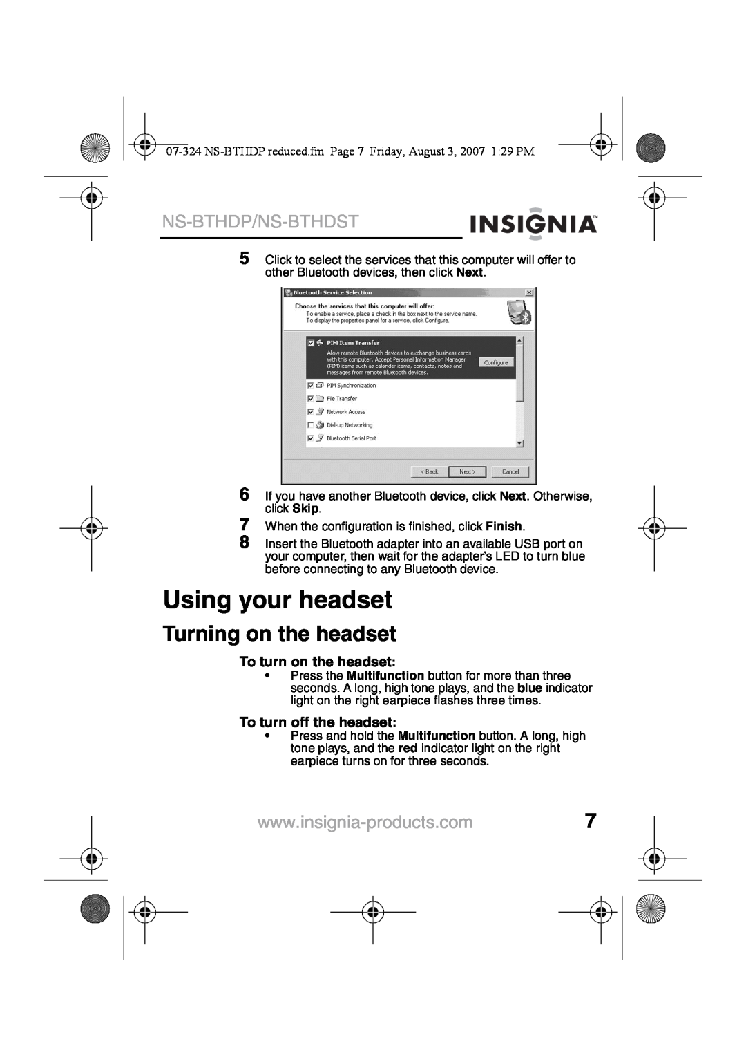 Insignia NS-BTHDST manual Using your headset, Turning on the headset, Ns-Bthdp/Ns-Bthdst, To turn on the headset 