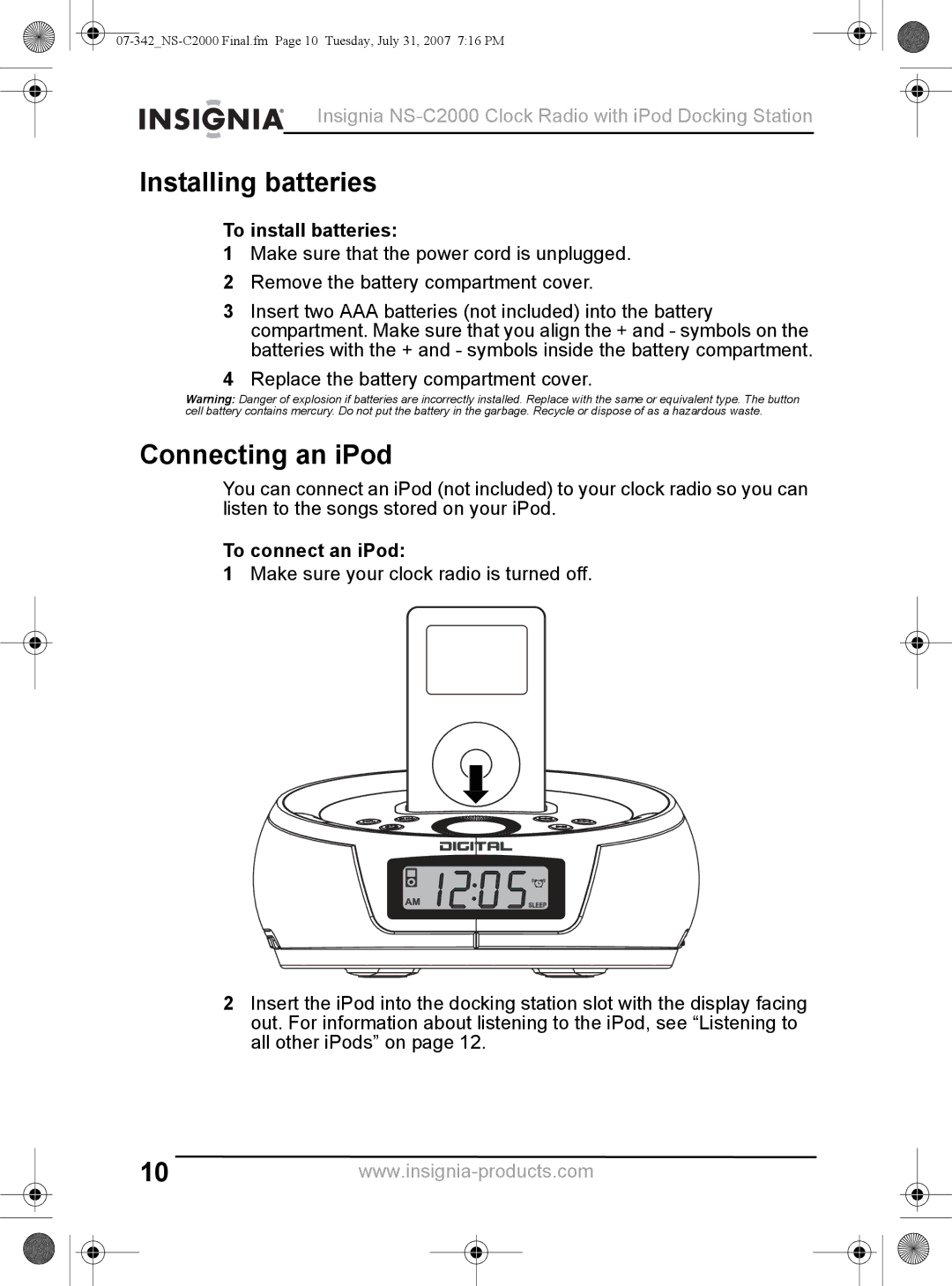 Insignia NS-C2000 manual Installing batteries, Connecting an iPod, To install batteries, To connect an iPod 