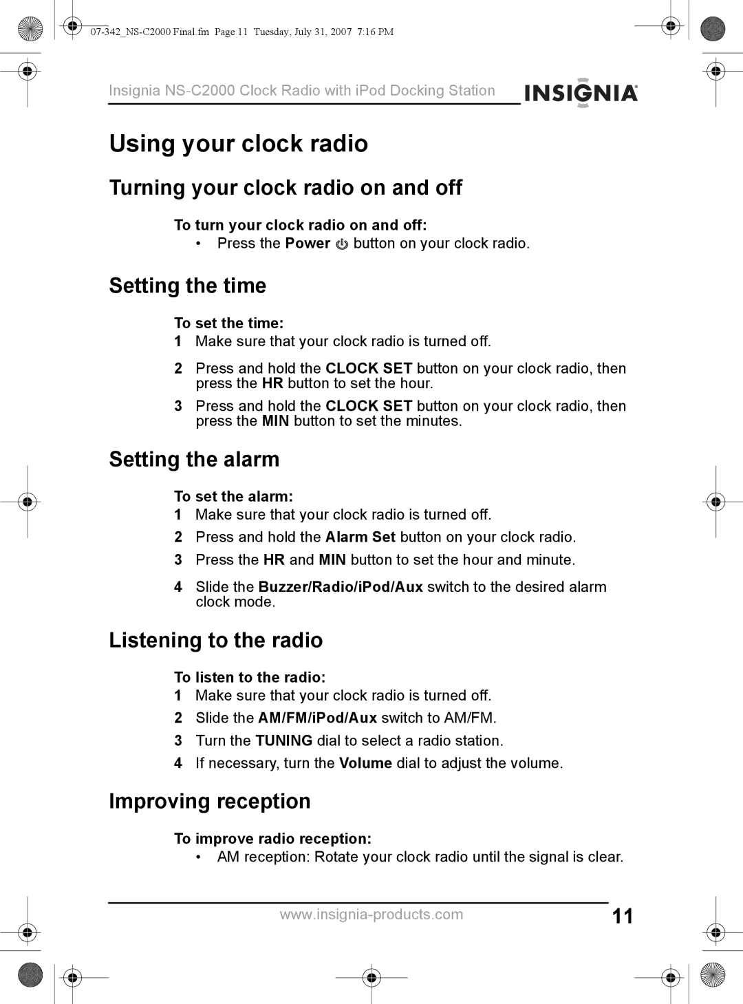 Insignia NS-C2000 manual Using your clock radio 