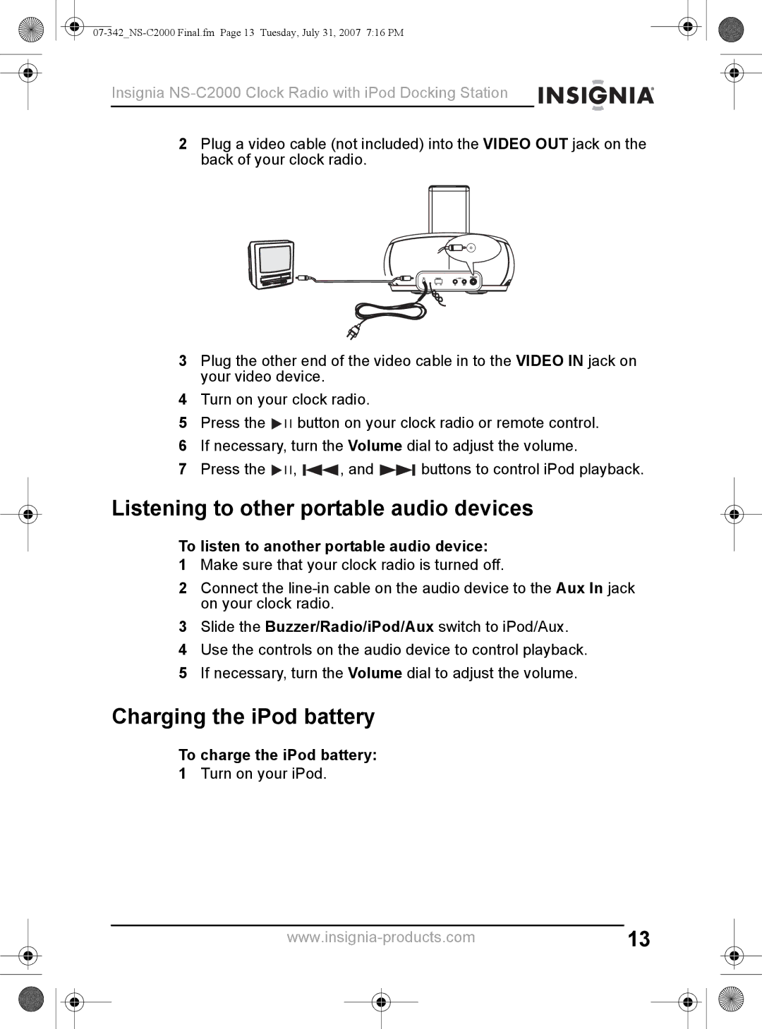 Insignia NS-C2000 manual Listening to other portable audio devices, Charging the iPod battery, To charge the iPod battery 