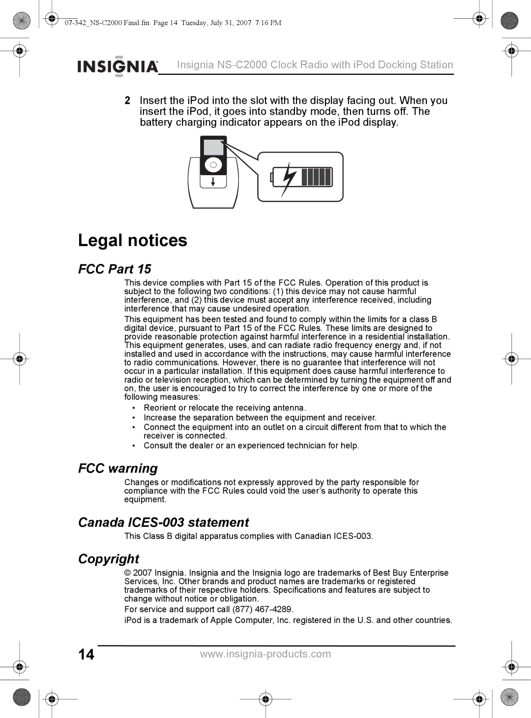 Insignia NS-C2000 manual Legal notices, FCC Part, FCC warning, Canada ICES-003 statement, Copyright 