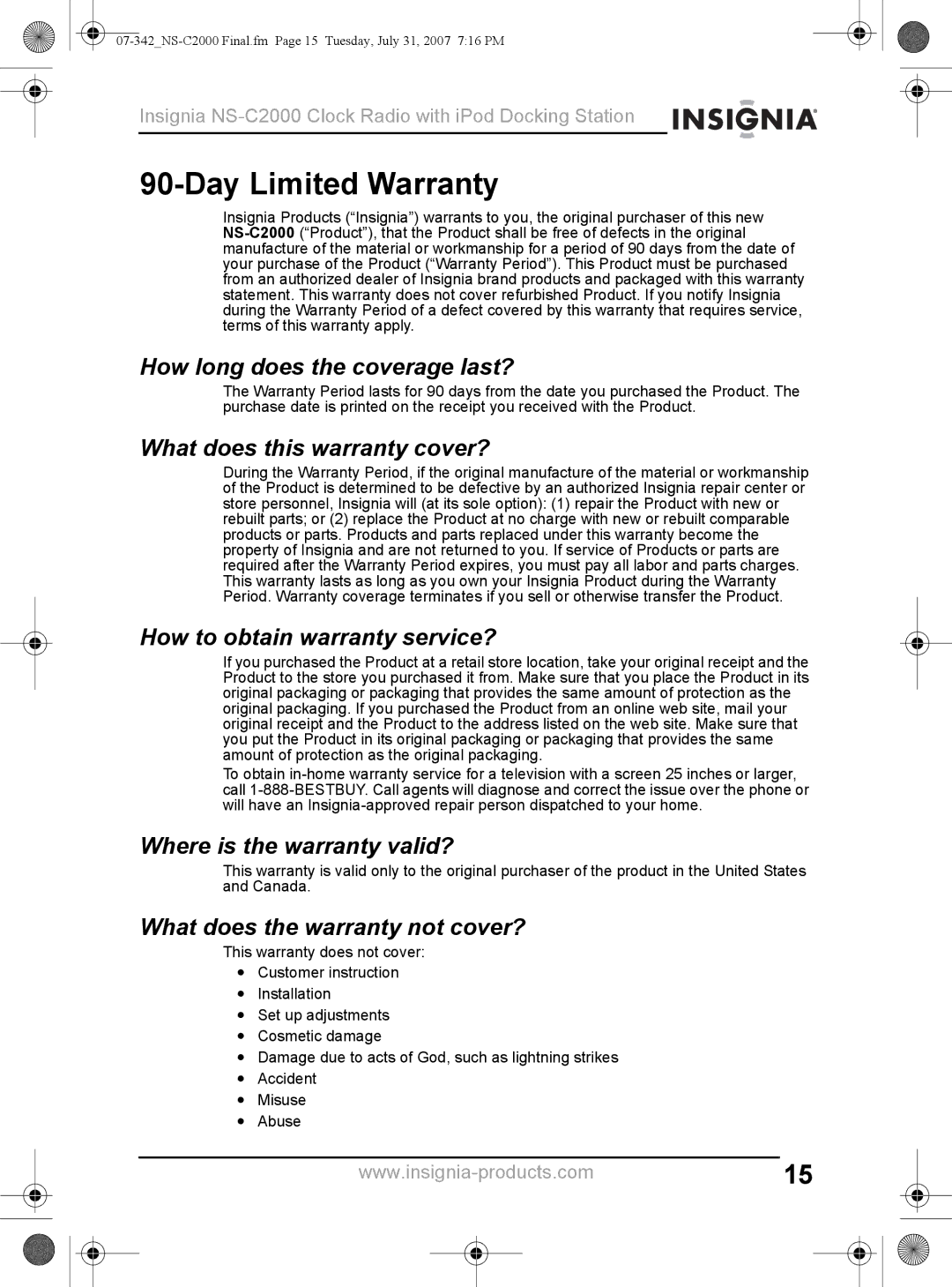 Insignia NS-C2000 manual Day Limited Warranty 