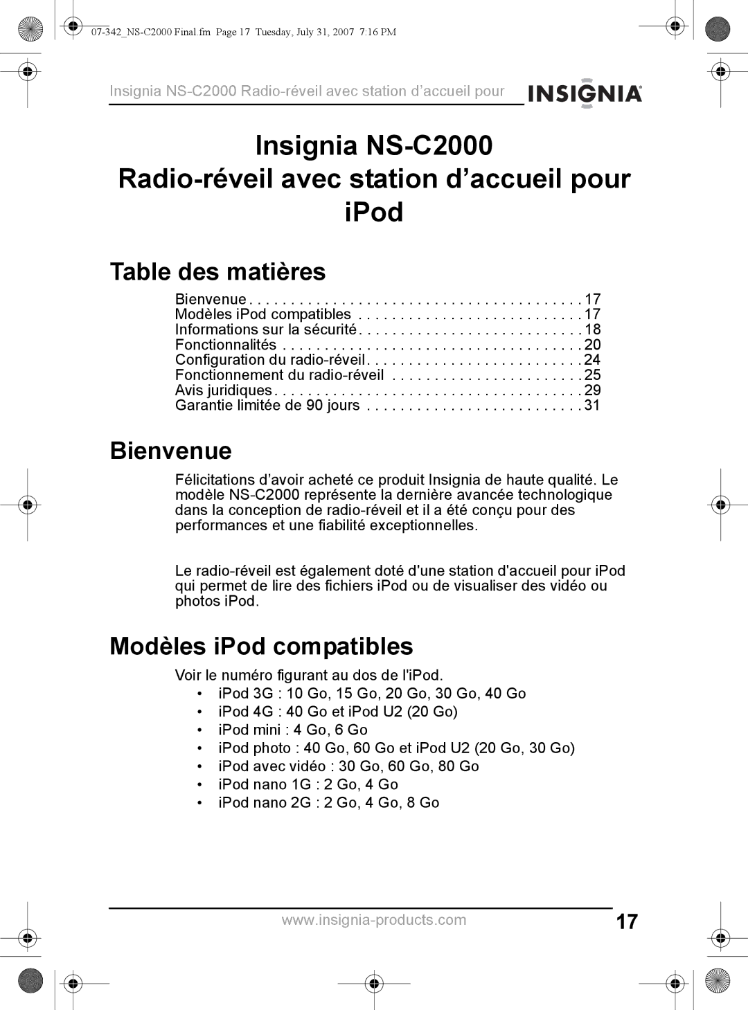 Insignia NS-C2000 manual Table des matières, Bienvenue, Modèles iPod compatibles 