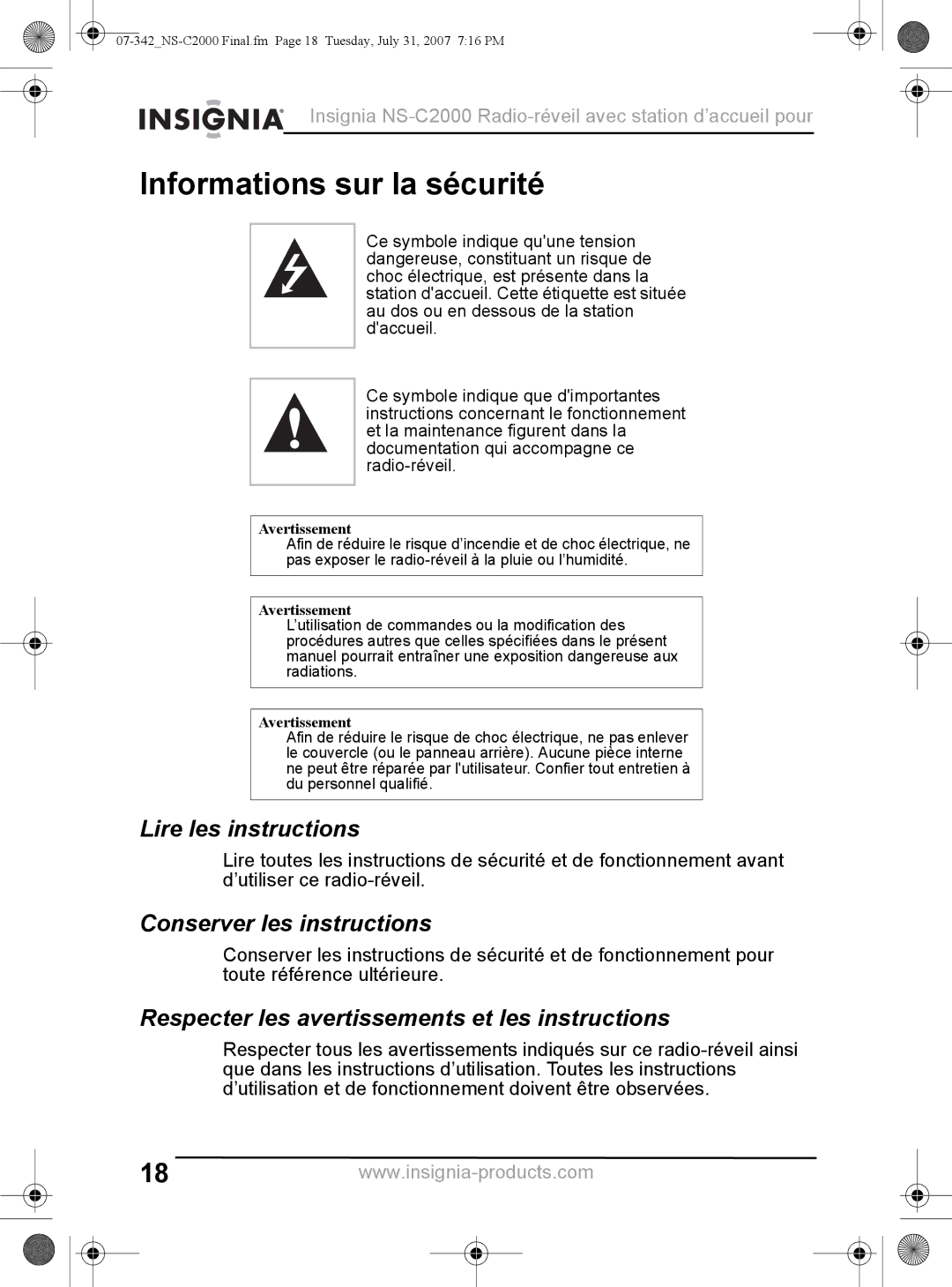 Insignia NS-C2000 manual Informations sur la sécurité, Lire les instructions, Conserver les instructions 