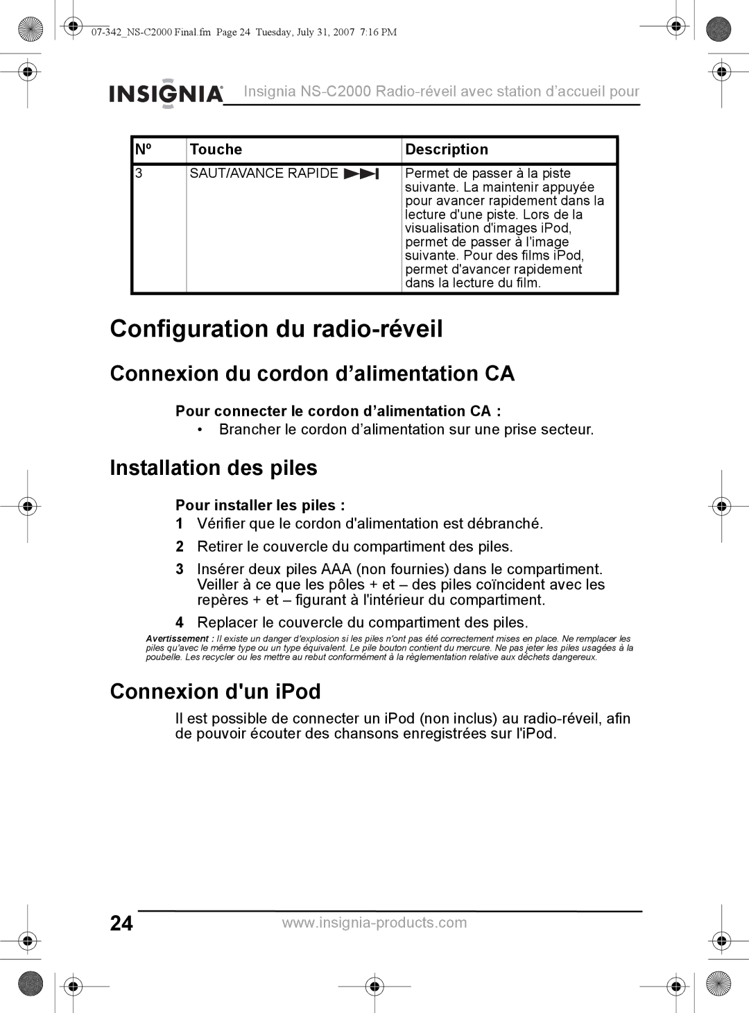 Insignia NS-C2000 manual Configuration du radio-réveil, Connexion du cordon d’alimentation CA, Installation des piles 