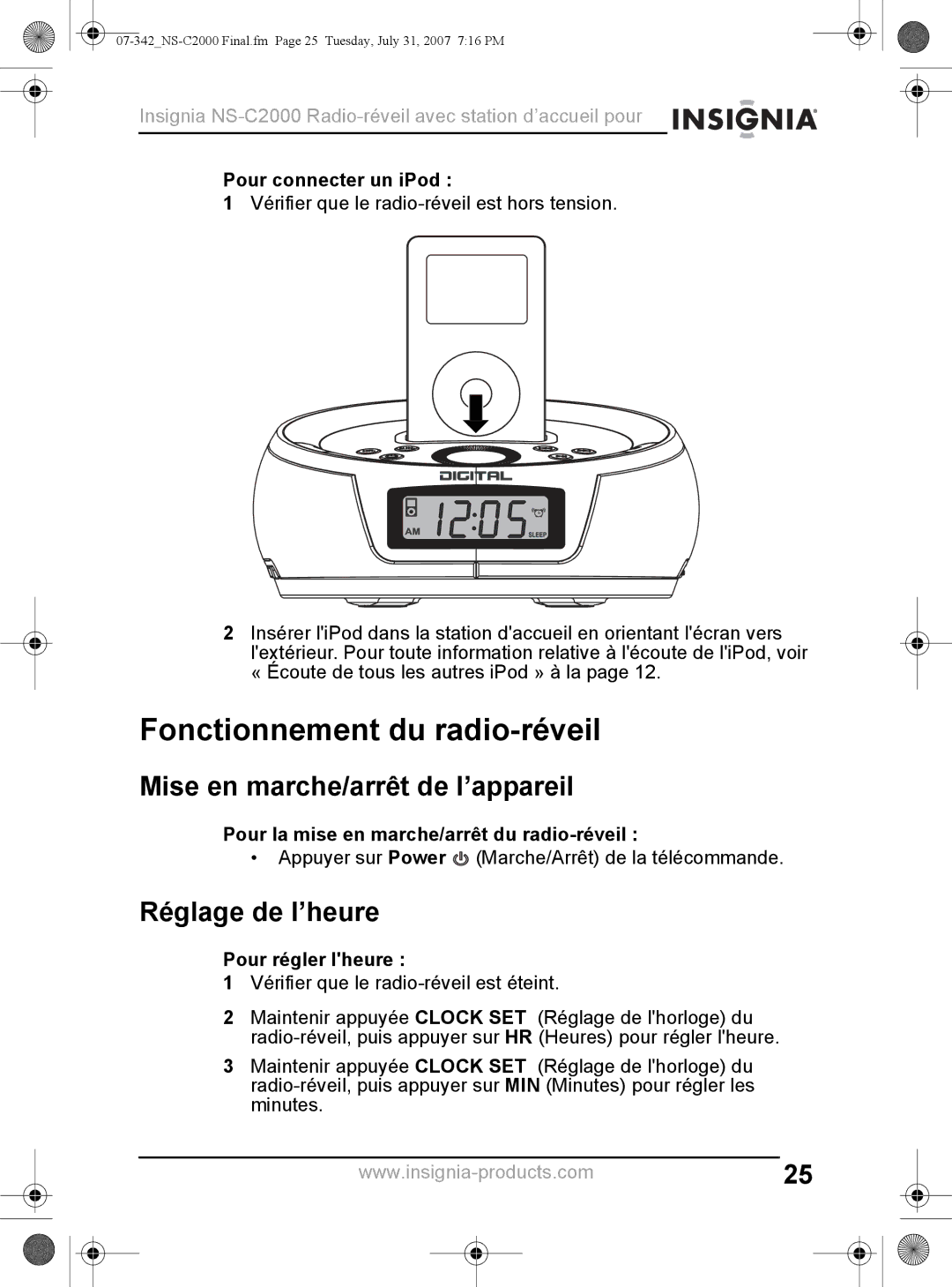 Insignia NS-C2000 manual Fonctionnement du radio-réveil, Mise en marche/arrêt de l’appareil, Réglage de l’heure 