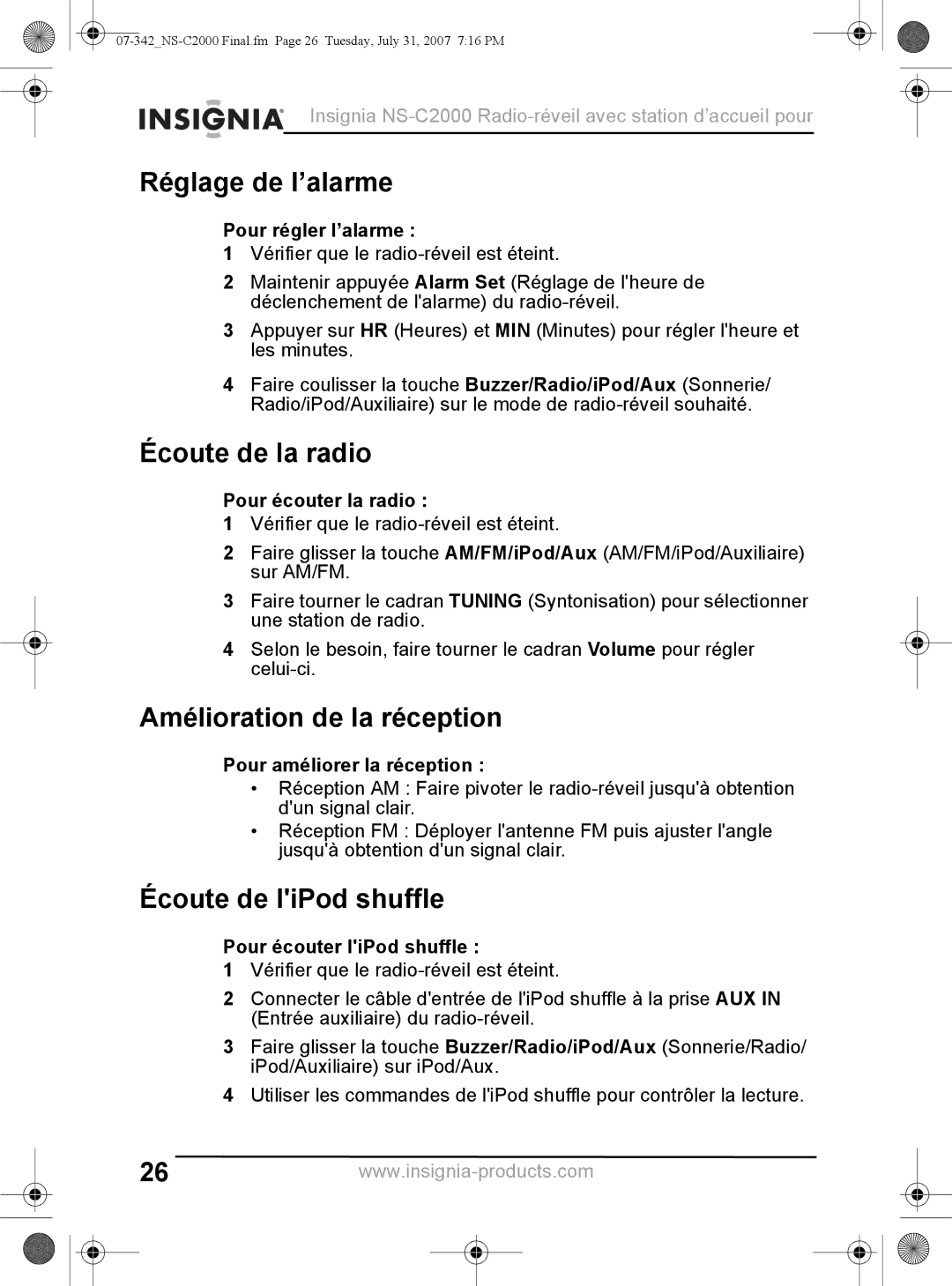 Insignia NS-C2000 manual Réglage de l’alarme, Écoute de la radio, Amélioration de la réception, Écoute de liPod shuffle 