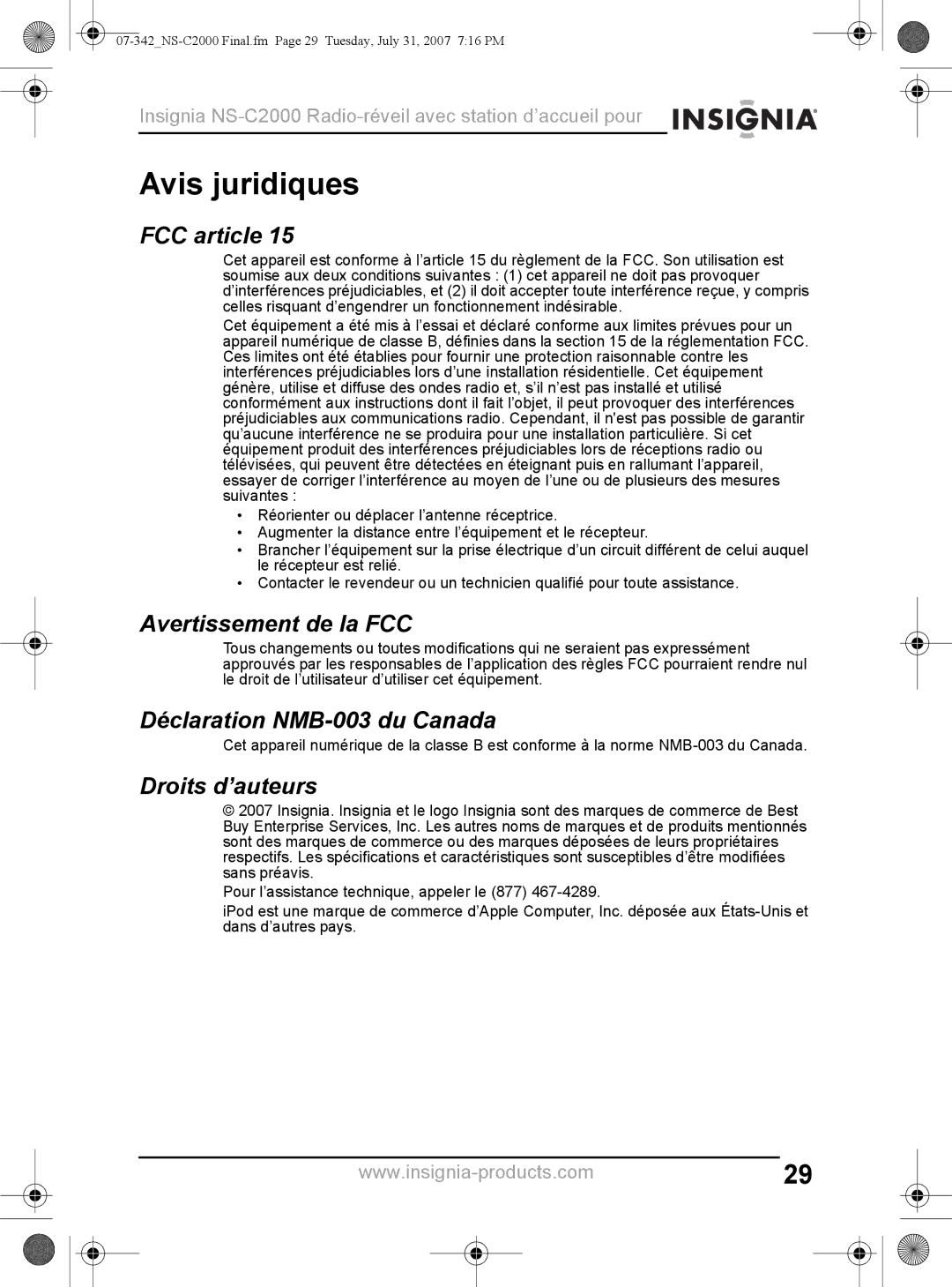 Insignia NS-C2000 Avis juridiques, FCC article, Avertissement de la FCC, Déclaration NMB-003 du Canada, Droits d’auteurs 