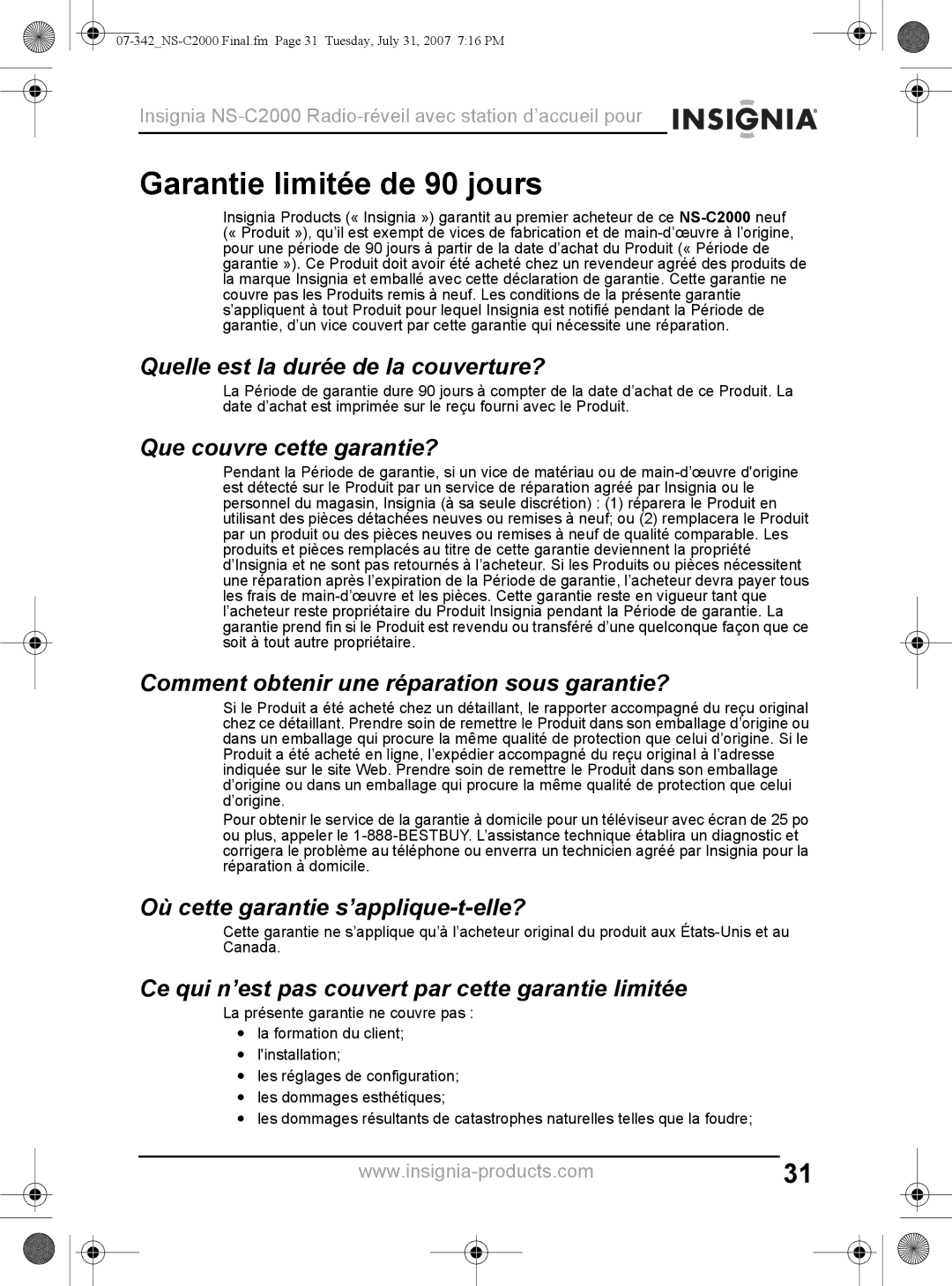 Insignia NS-C2000 manual Garantie limitée de 90 jours 