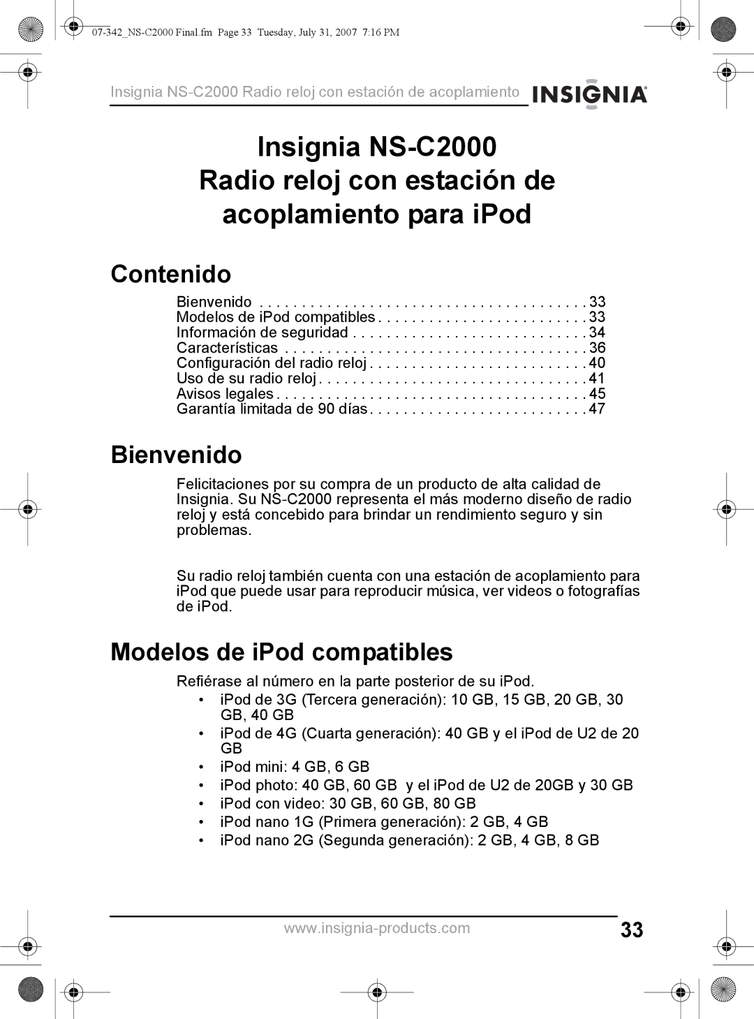 Insignia NS-C2000 manual Contenido, Bienvenido, Modelos de iPod compatibles 