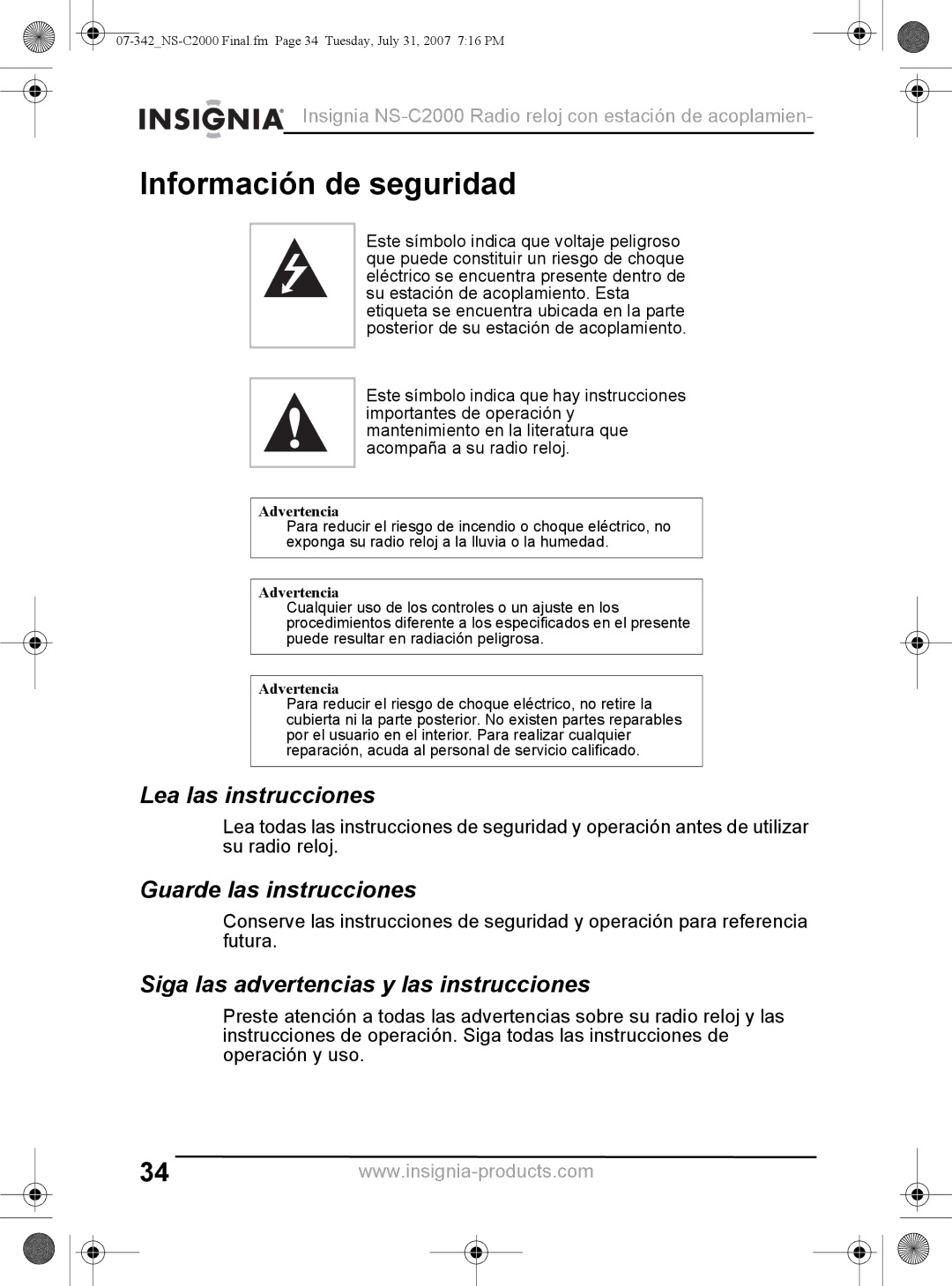 Insignia NS-C2000 manual Información de seguridad, Lea las instrucciones, Guarde las instrucciones 