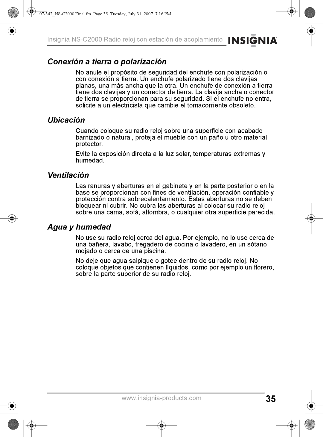 Insignia NS-C2000 manual Conexión a tierra o polarización, Ubicación, Ventilación, Agua y humedad 
