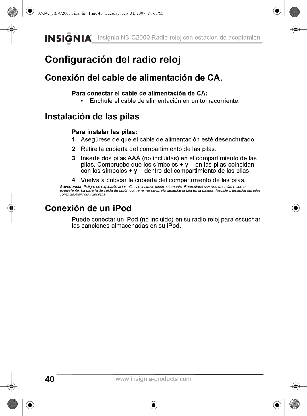 Insignia NS-C2000 manual Configuración del radio reloj, Conexión del cable de alimentación de CA, Instalación de las pilas 