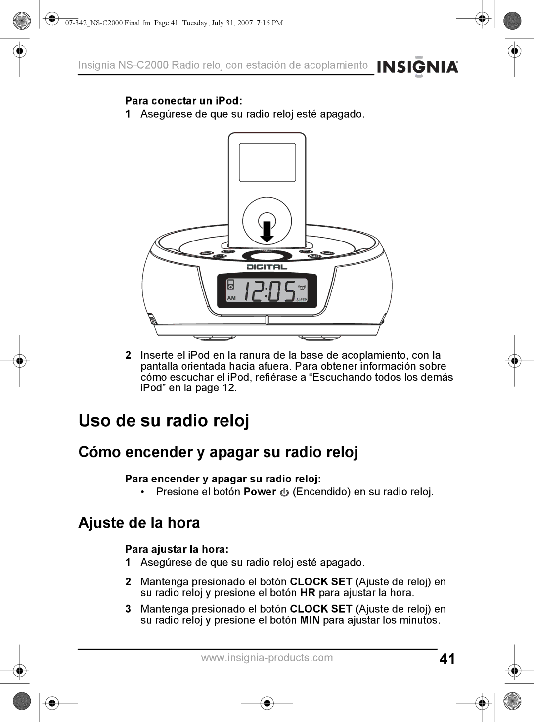 Insignia NS-C2000 manual Uso de su radio reloj, Cómo encender y apagar su radio reloj, Ajuste de la hora 