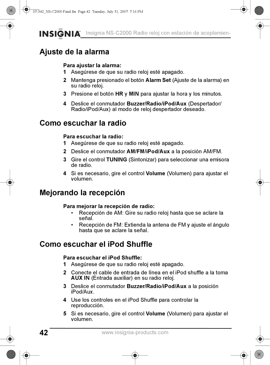 Insignia NS-C2000 manual Ajuste de la alarma, Como escuchar la radio, Mejorando la recepción, Como escuchar el iPod Shuffle 