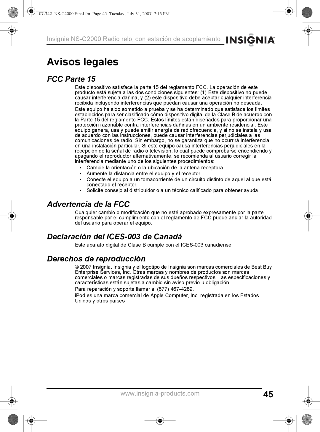 Insignia NS-C2000 manual Avisos legales, FCC Parte, Advertencia de la FCC, Declaración del ICES-003 de Canadá 