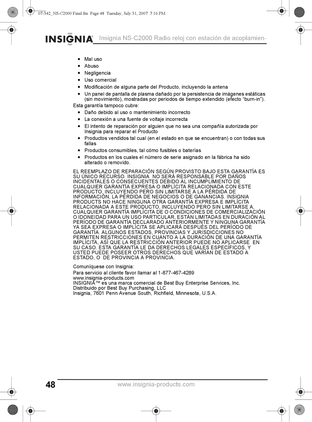 Insignia manual Insignia NS-C2000 Radio reloj con estación de acoplamien 