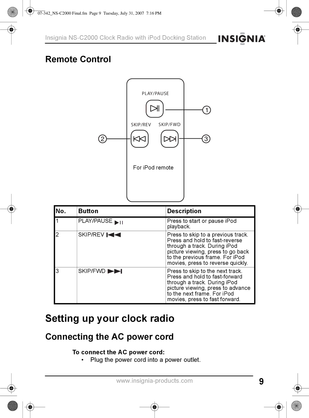 Insignia NS-C2000 manual Setting up your clock radio, Remote Control, Connecting the AC power cord, Button Description 