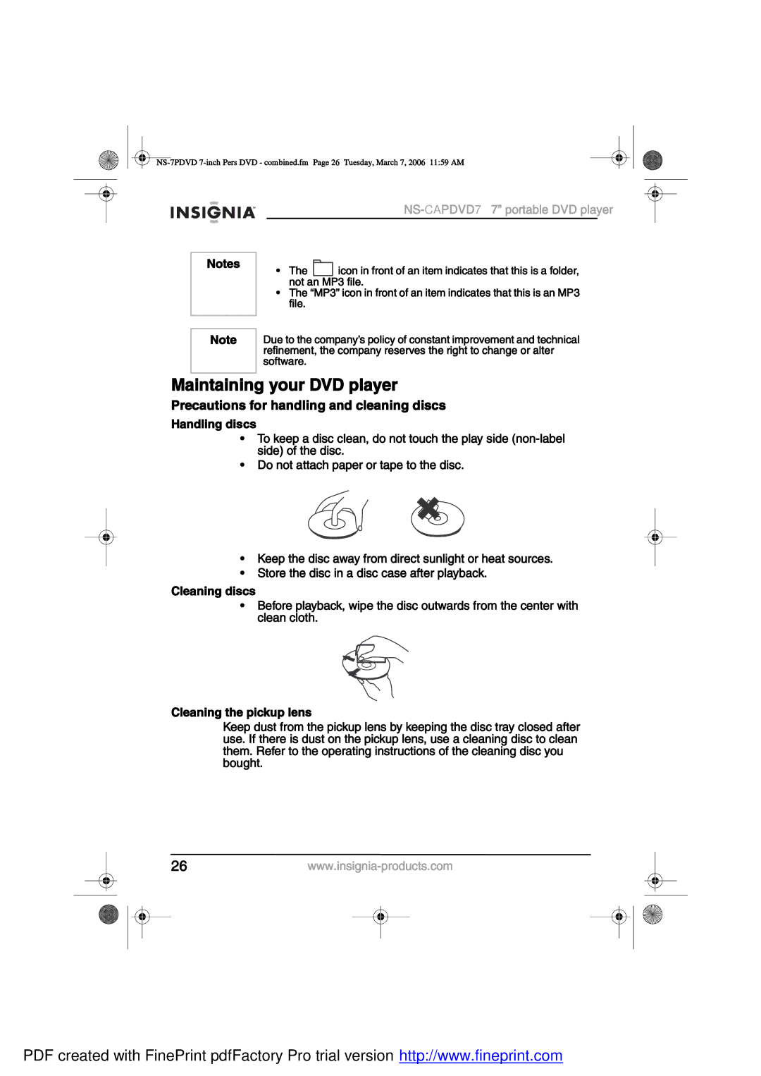 Insignia NS-CAPDVD7 manual ¿·²¬¿·²·²¹ §±« ÜÊÜ ´¿§», »½¿«¬·±²- º± ¸¿²¼´·²¹ ¿²¼ ½´»¿²·²¹ ¼·-½ 