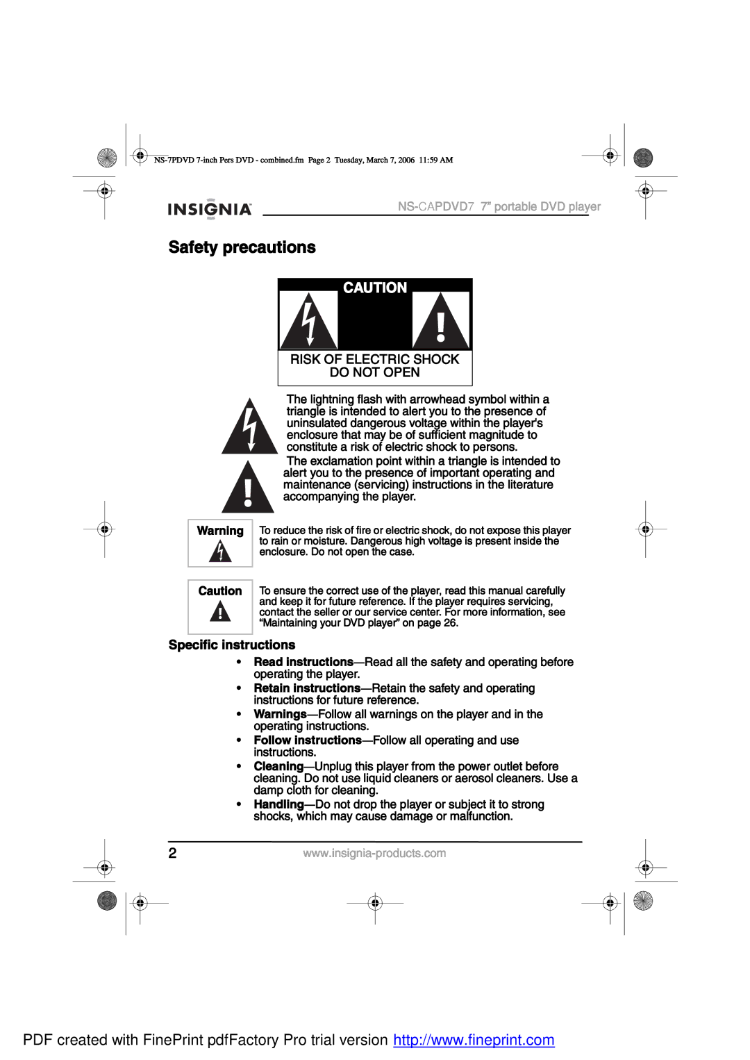 Insignia NS-CAPDVD7 manual ¿º»¬§ »½¿«¬·±², »½·º·½ ·²-¬«½¬·±², ¿²·²¹ ¿«¬·±² 