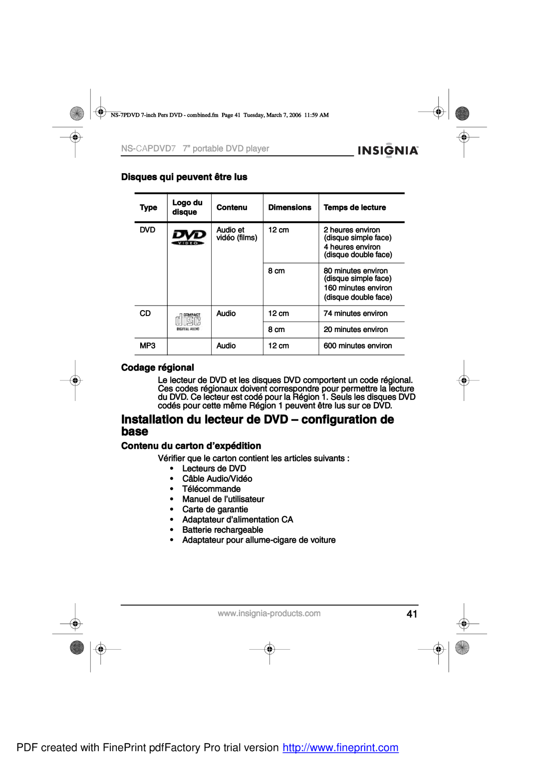 Insignia NS-CAPDVD7 manual ×²-¬¿´´¿¬·±² ¼« ´»½¬»« ¼» ÜÊÜ Š ½±²º·¹«¿¬·±² ¼» ¾¿-», ·-¯«»- ¯«· »«ª»²¬ 6¬» ´«, ±¼¿¹» 7¹·±²¿´ 