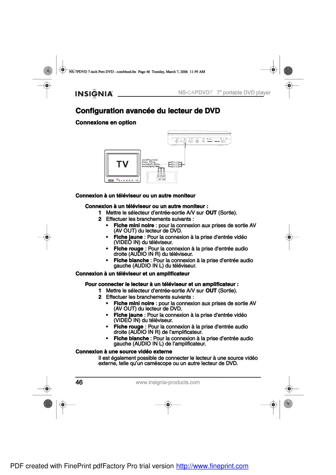 Insignia NS-CAPDVD7 manual ±²º·¹«¿¬·±² ¿ª¿²½7» ¼« ´»½¬»« ¼» ÜÊÜ, ±²²»¨·±²- »² ±¬·±² 