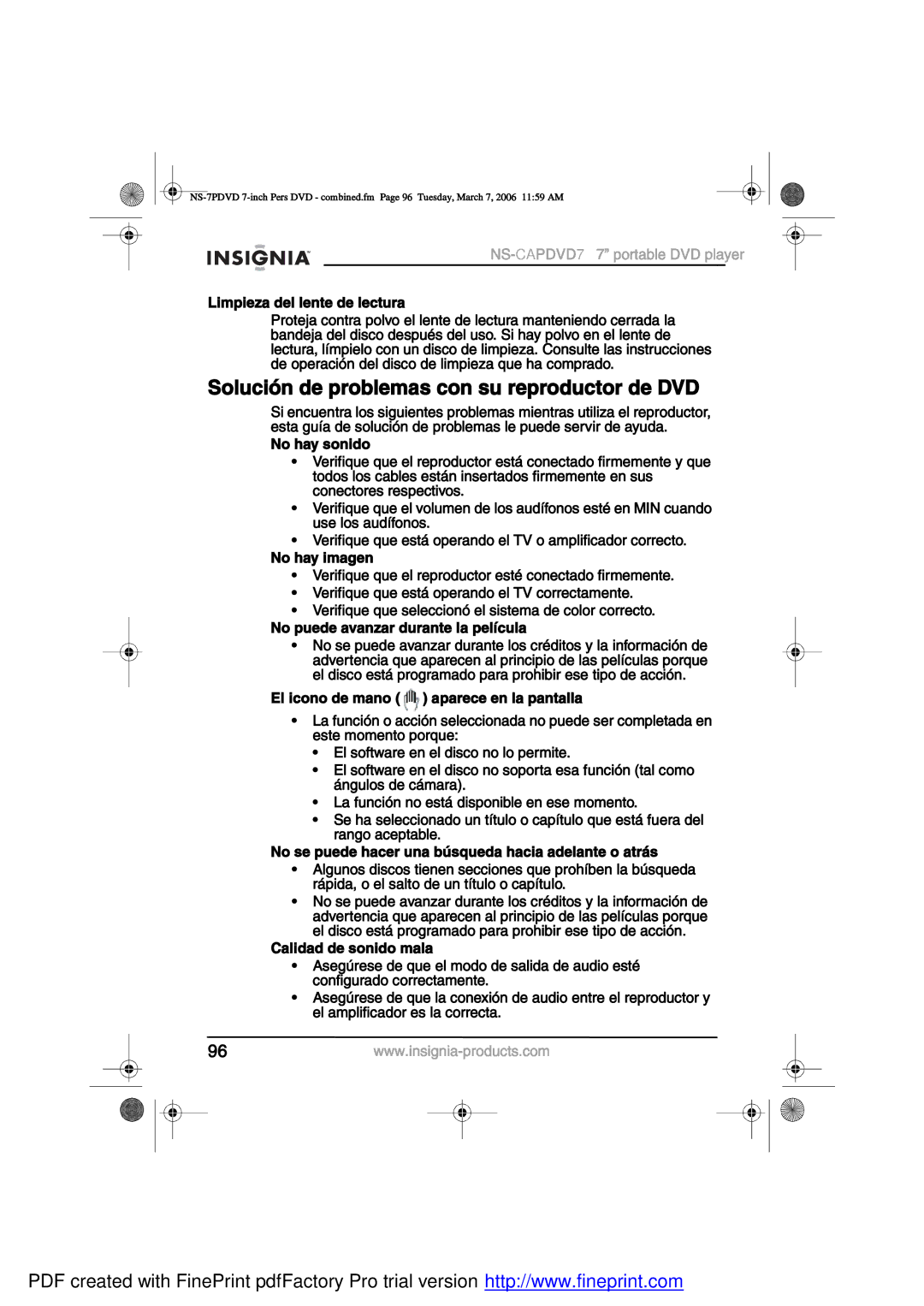 Insignia NS-CAPDVD7 manual ±´«½·-² ¼» ±¾´»³¿- ½±² -« »±¼«½¬± ¼» ÜÊÜ, ·³·»¿ ¼»´ ´»²¬» ¼» ´»½¬«¿ 