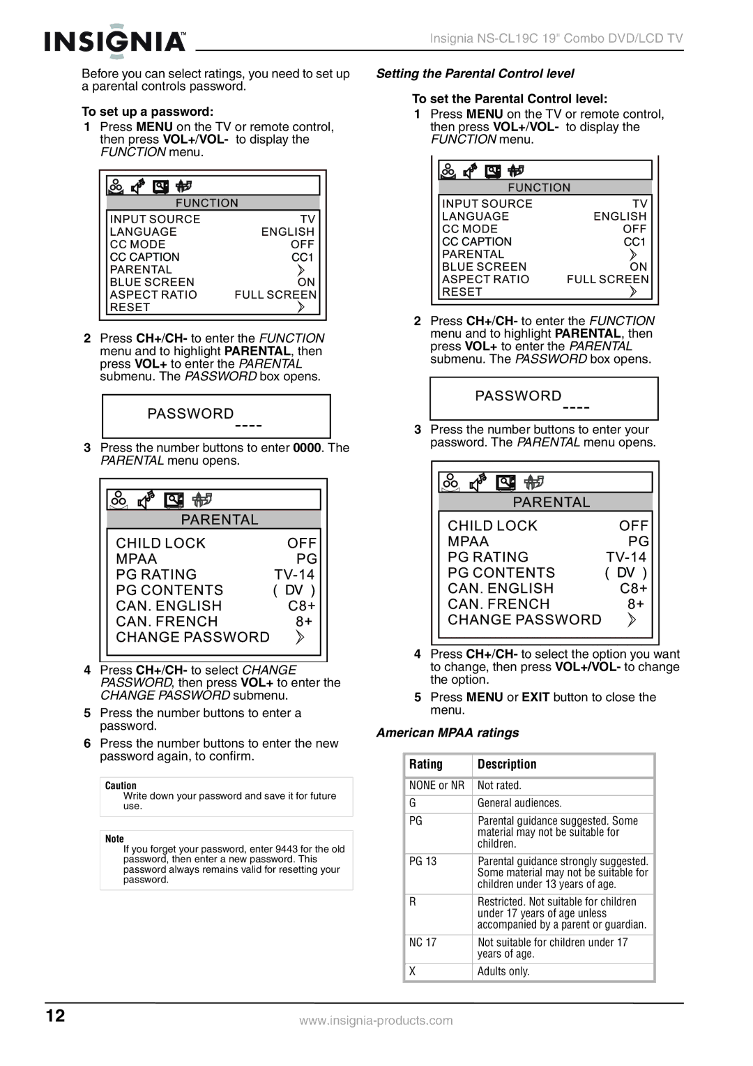 Insignia NS-CL19C manual Setting the Parental Control level, To set the Parental Control level, To set up a password 