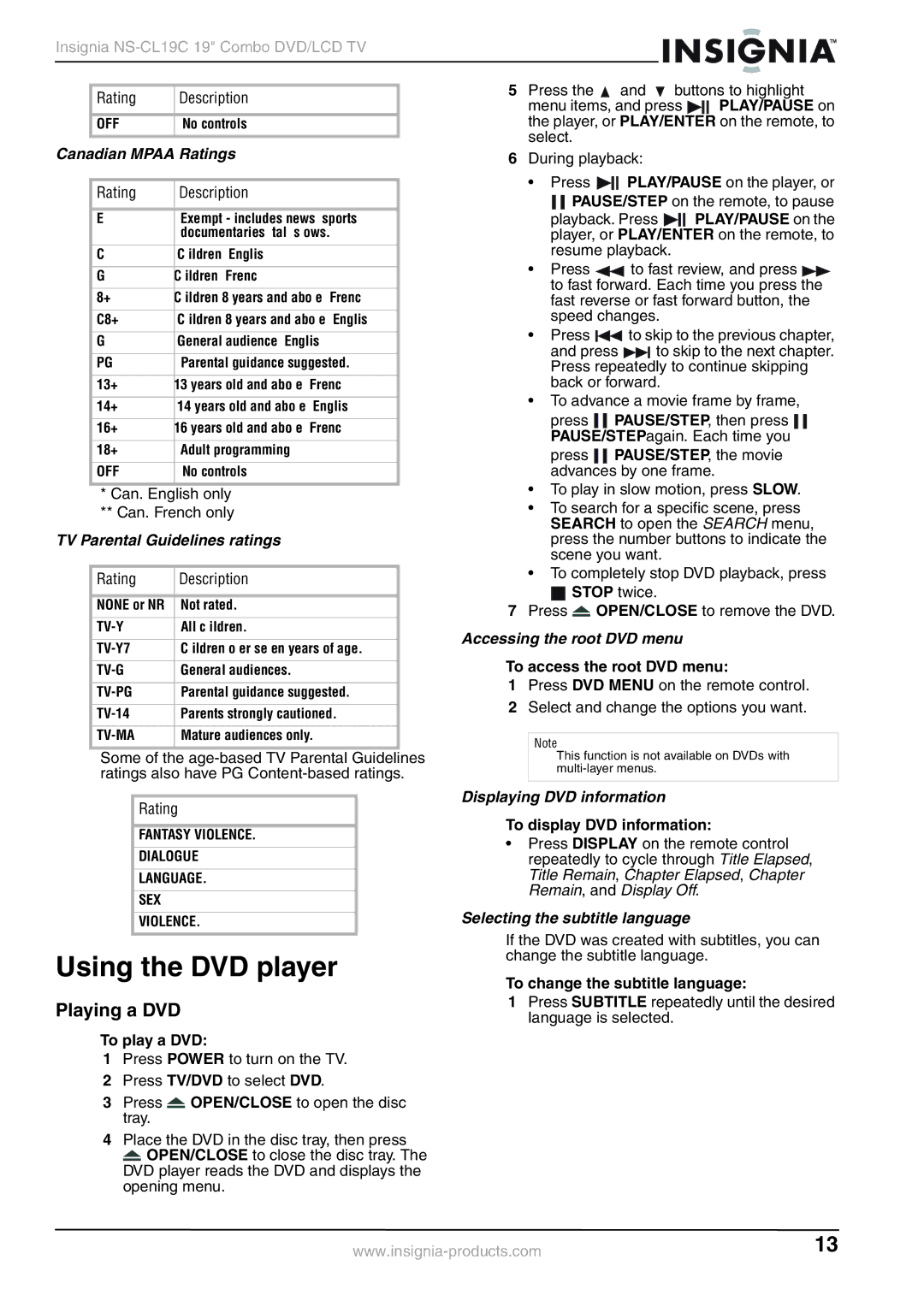 Insignia NS-CL19C manual Using the DVD player, Playing a DVD 