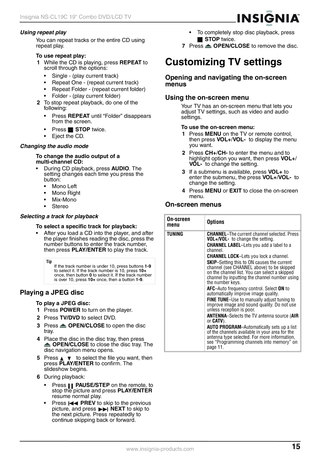 Insignia NS-CL19C manual Customizing TV settings, Playing a Jpeg disc, On-screen menus, Changing the audio mode 