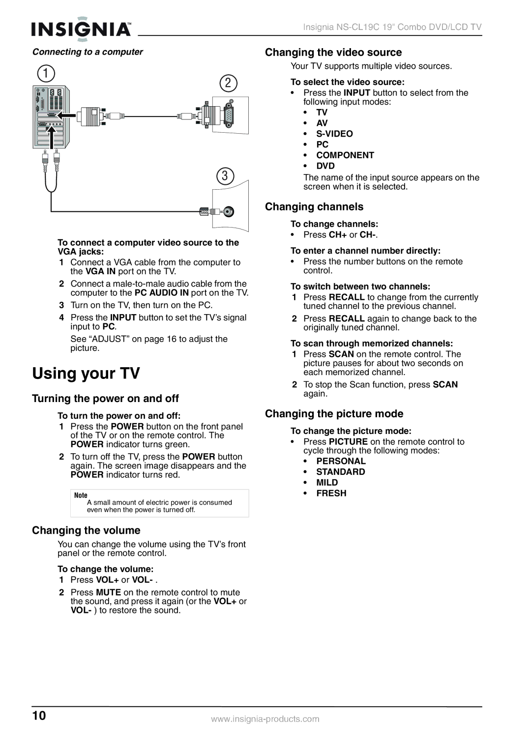 Insignia NS-CL19C manual Using your TV 