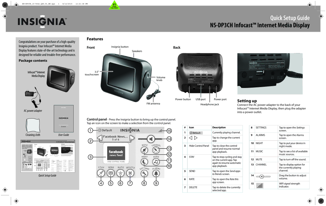 Insignia NS-DP3CH setup guide Features, Setting up 