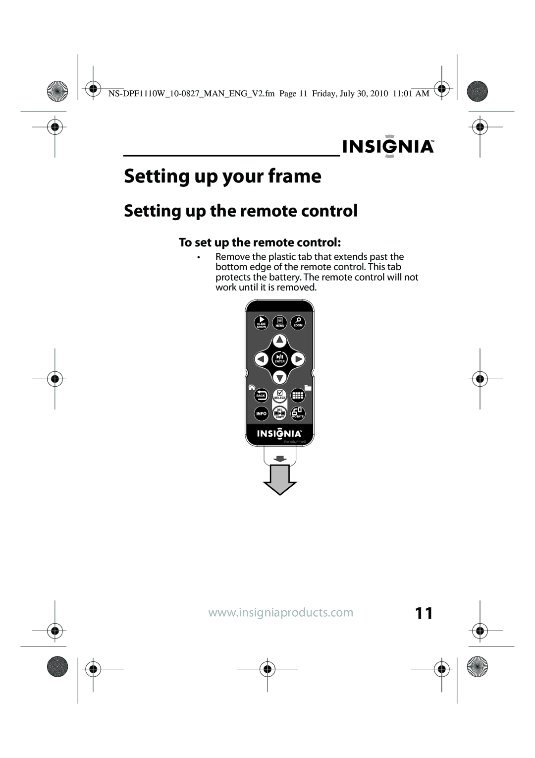 Insignia NS-DPF118S, NS-DPF1110W manual Setting up your frame, Setting up the remote control, To set up the remote control 