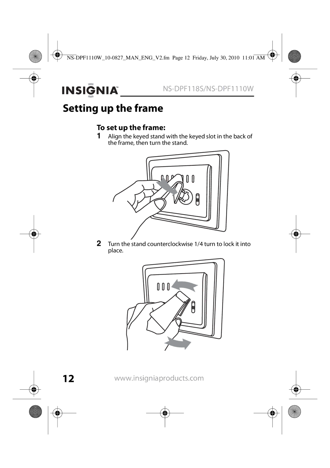 Insignia NS-DPF1110W, NS-DPF118S manual Setting up the frame, To set up the frame 