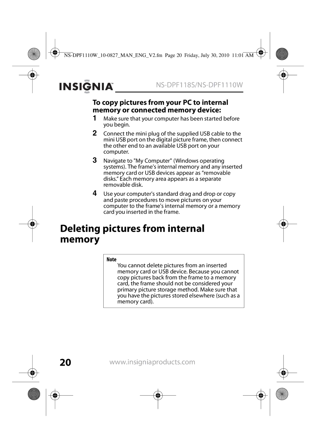 Insignia NS-DPF1110W, NS-DPF118S manual Deleting pictures from internal memory 