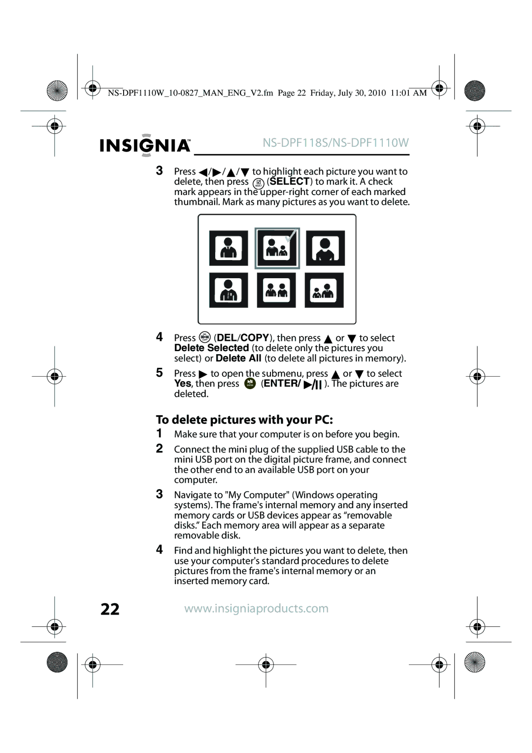 Insignia NS-DPF1110W, NS-DPF118S manual To delete pictures with your PC 