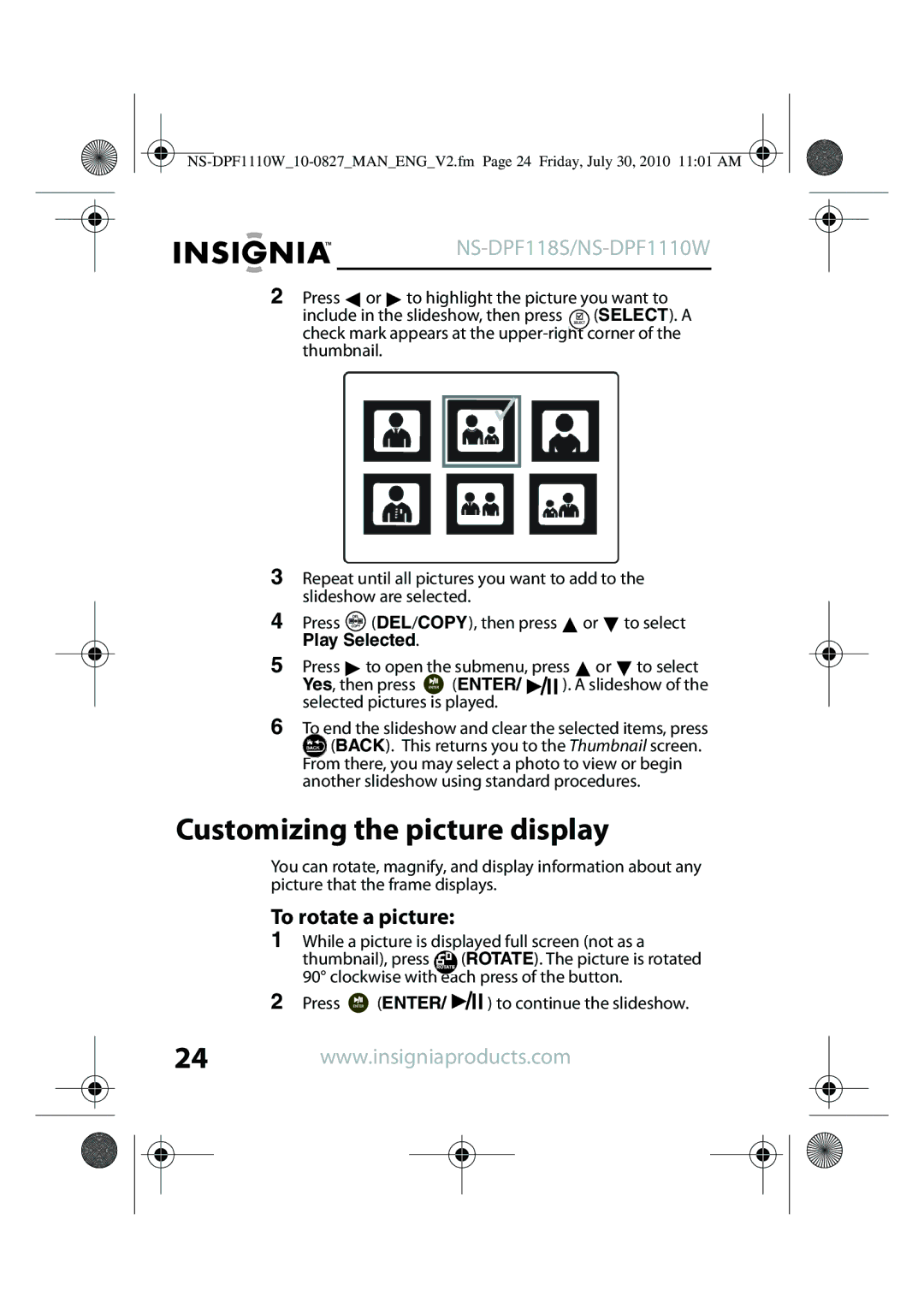 Insignia NS-DPF1110W, NS-DPF118S manual Customizing the picture display, To rotate a picture 