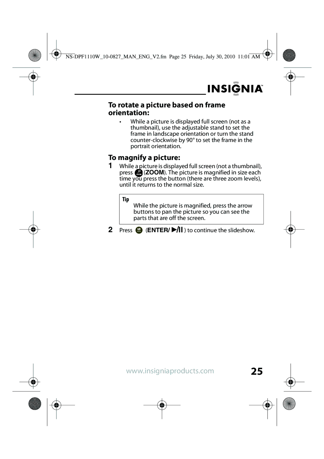 Insignia NS-DPF118S, NS-DPF1110W manual To rotate a picture based on frame orientation, To magnify a picture 