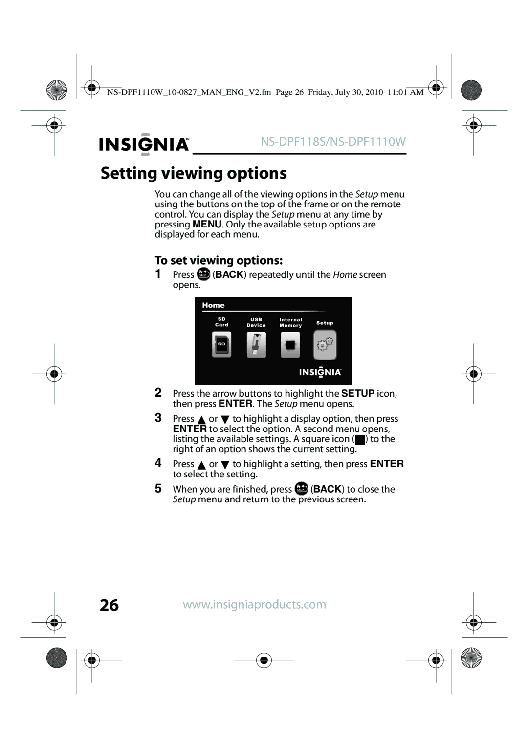 Insignia NS-DPF1110W, NS-DPF118S manual Setting viewing options, To set viewing options 