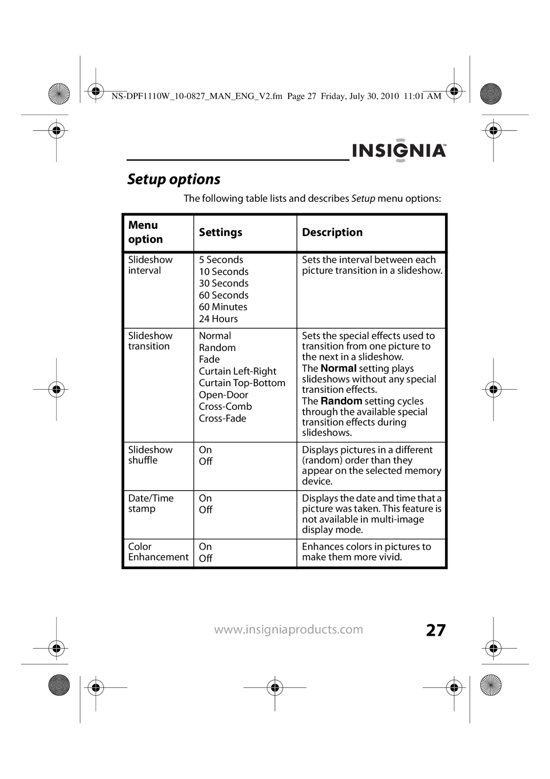 Insignia NS-DPF118S, NS-DPF1110W manual Setup options, Menu Settings Description Option 