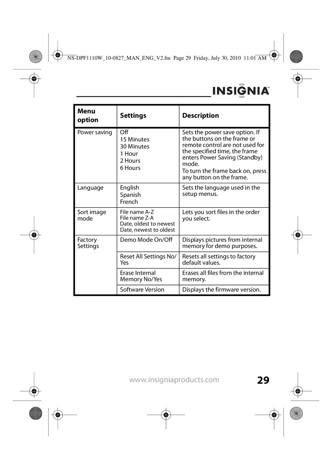 Insignia NS-DPF118S, NS-DPF1110W manual Hour Specified time, the frame 