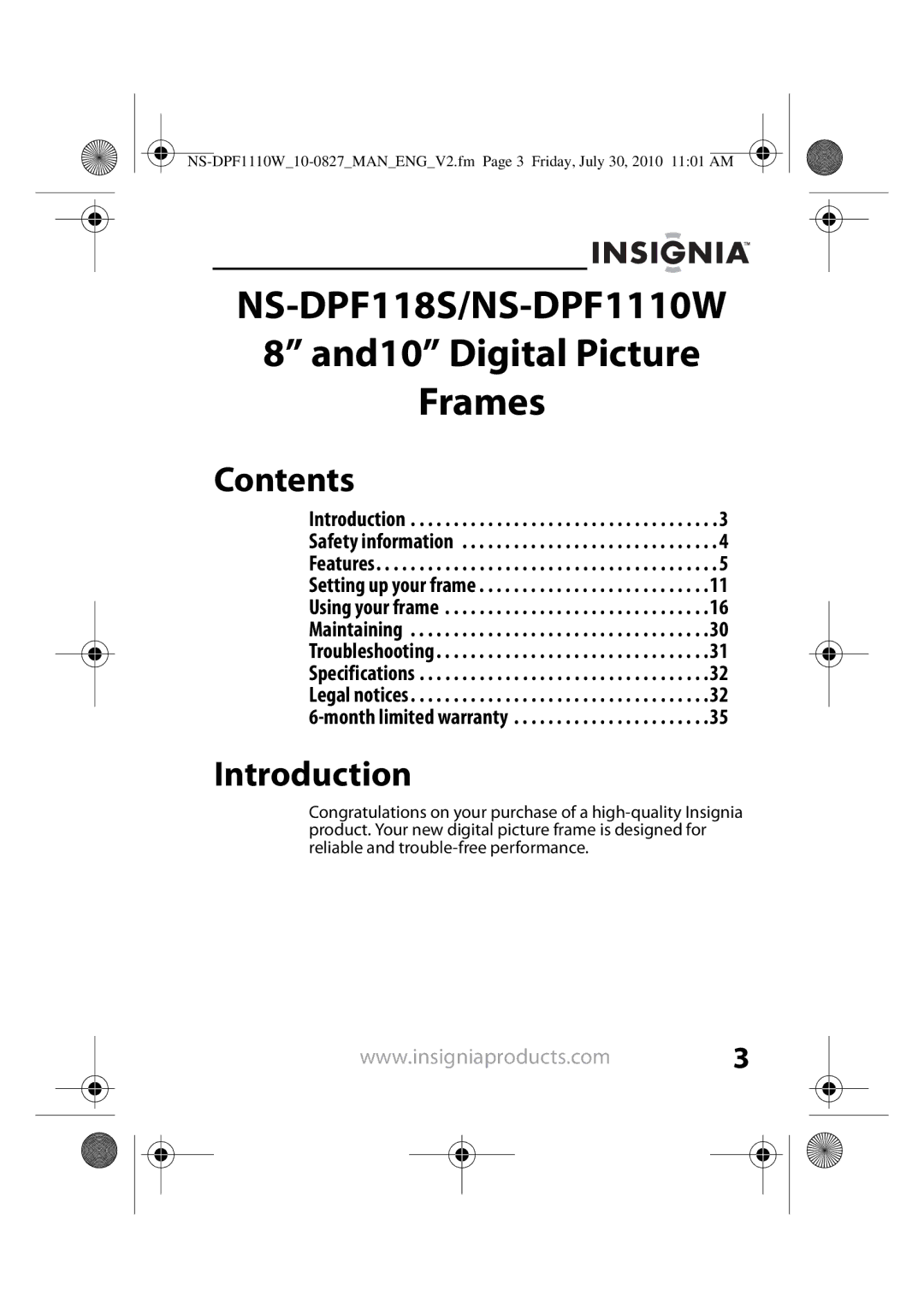 Insignia NS-DPF118S, NS-DPF1110W manual Contents, Introduction 