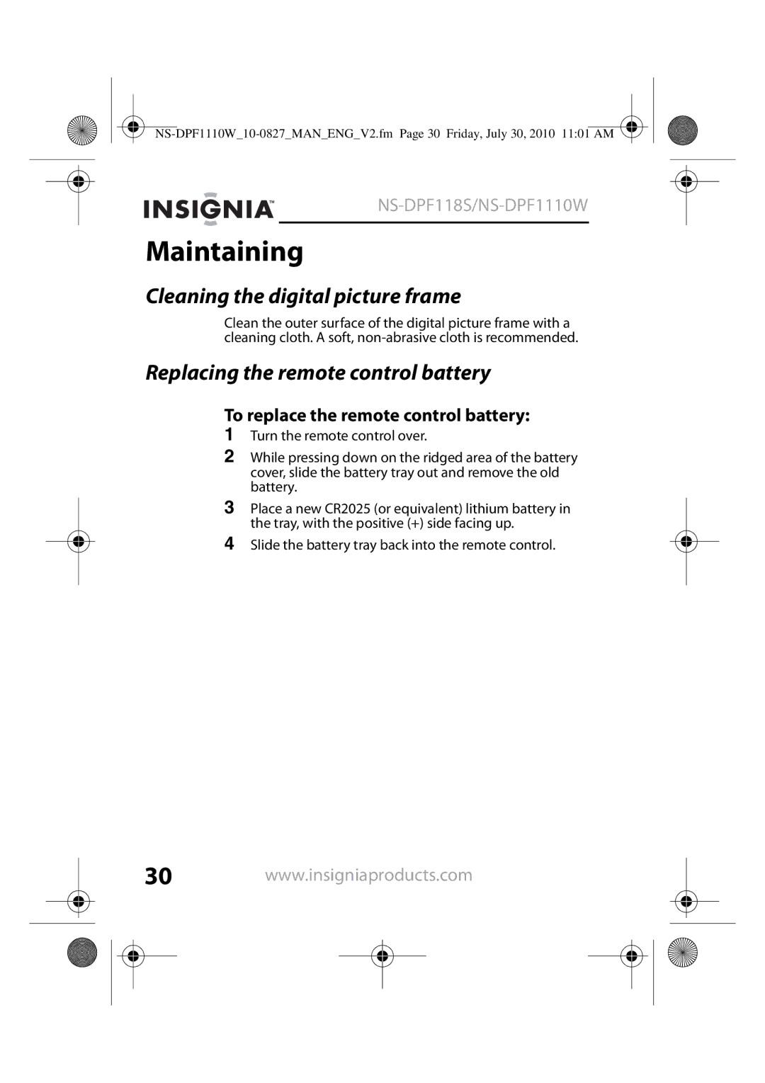 Insignia NS-DPF1110W, NS-DPF118S Maintaining, Cleaning the digital picture frame, Replacing the remote control battery 