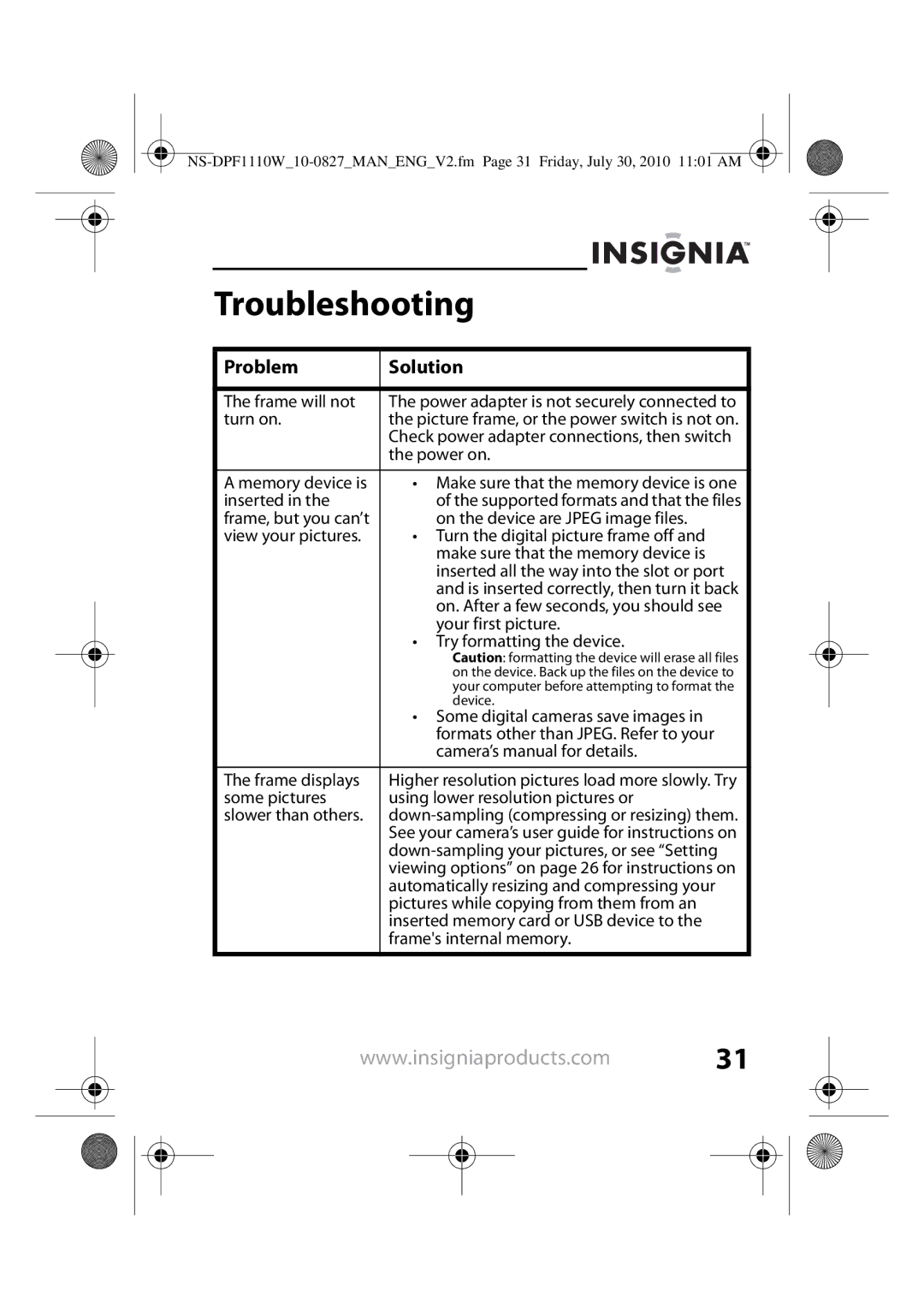 Insignia NS-DPF118S, NS-DPF1110W manual Troubleshooting, Problem Solution 