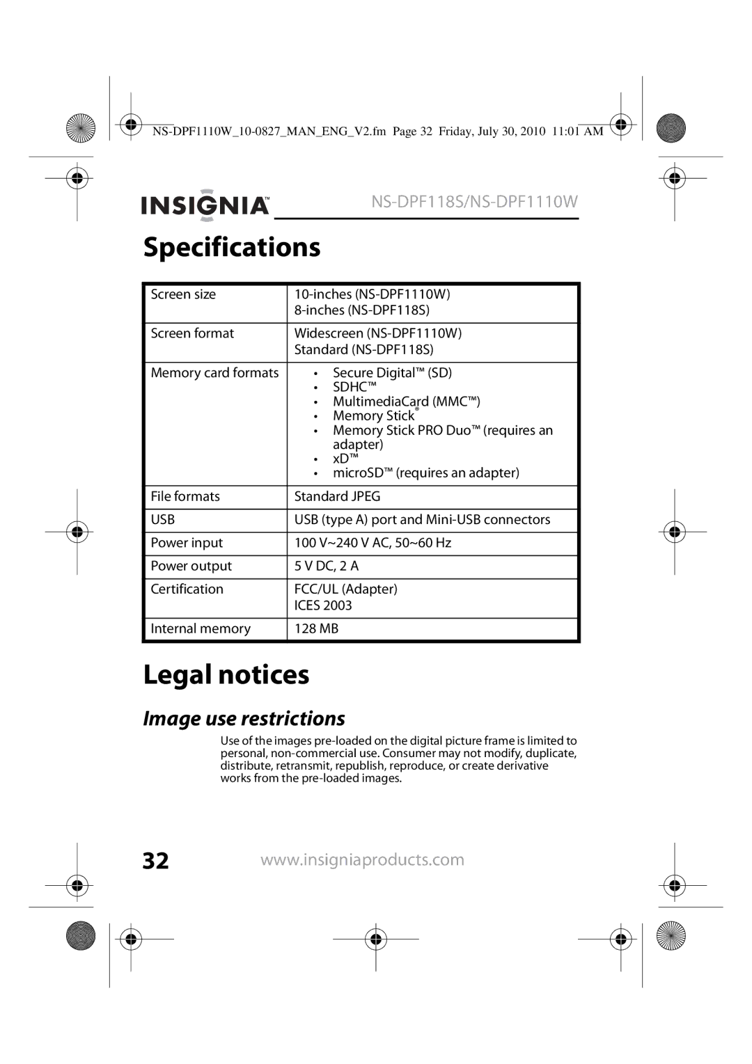 Insignia NS-DPF1110W, NS-DPF118S manual Specifications, Legal notices, Image use restrictions 