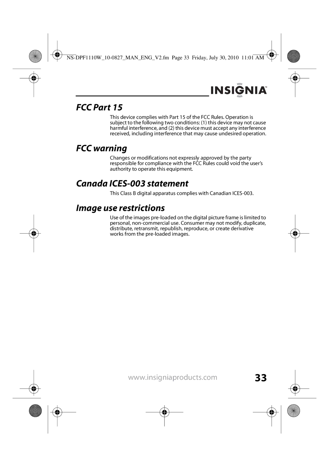 Insignia NS-DPF118S, NS-DPF1110W manual FCC Part, FCC warning, Canada ICES-003 statement 